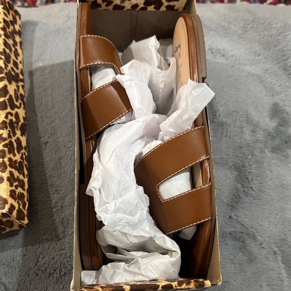 NWT French Sole Alibi Cognac Brown Leather with White Stitching Slide Sandals - Picture 8 of 12